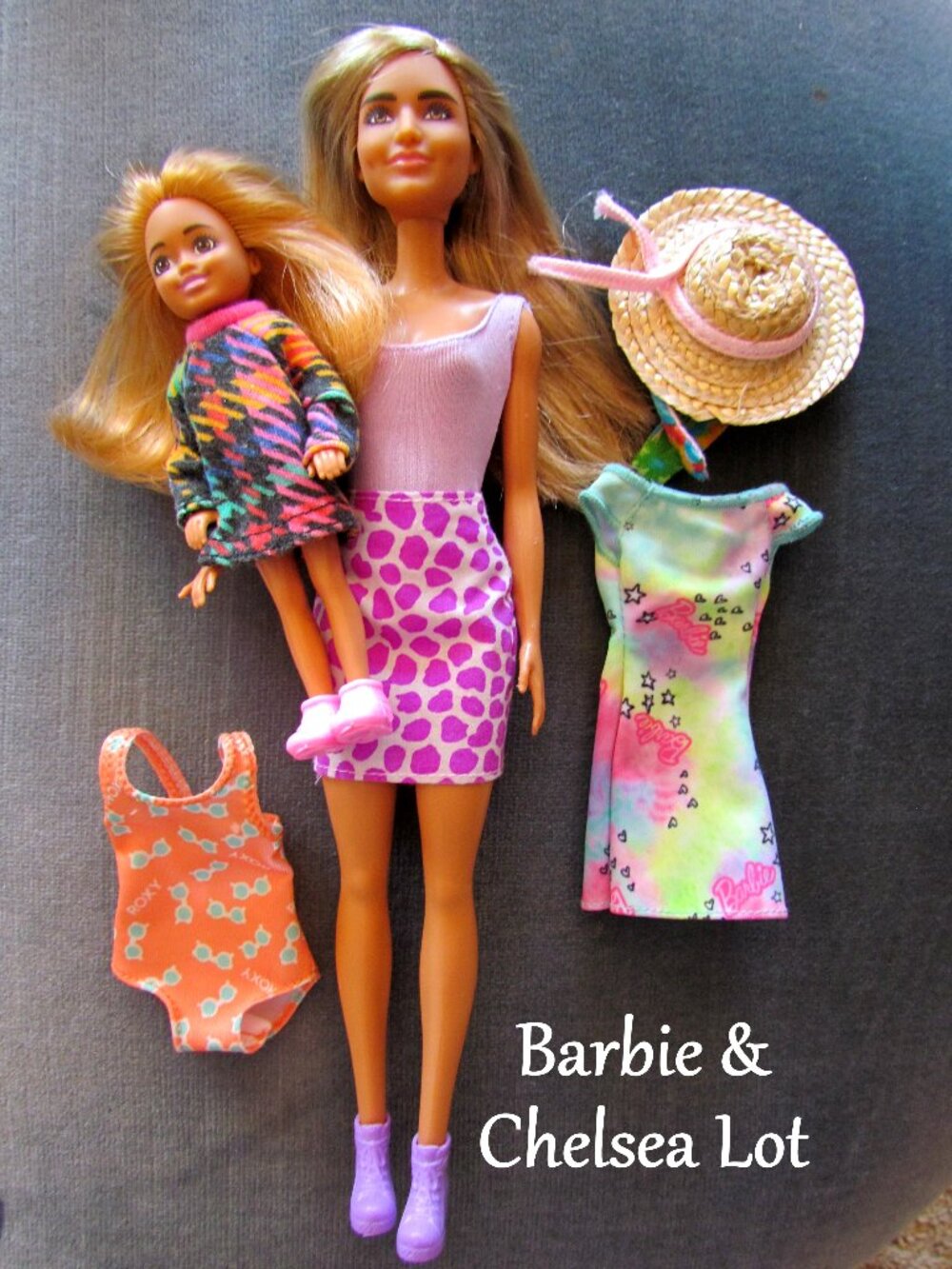 BARBIE & CHELSEA DOLL LOT, FASHION EYEBROWS STYLE, DRESSES HAT SWIMSUITS SHOES